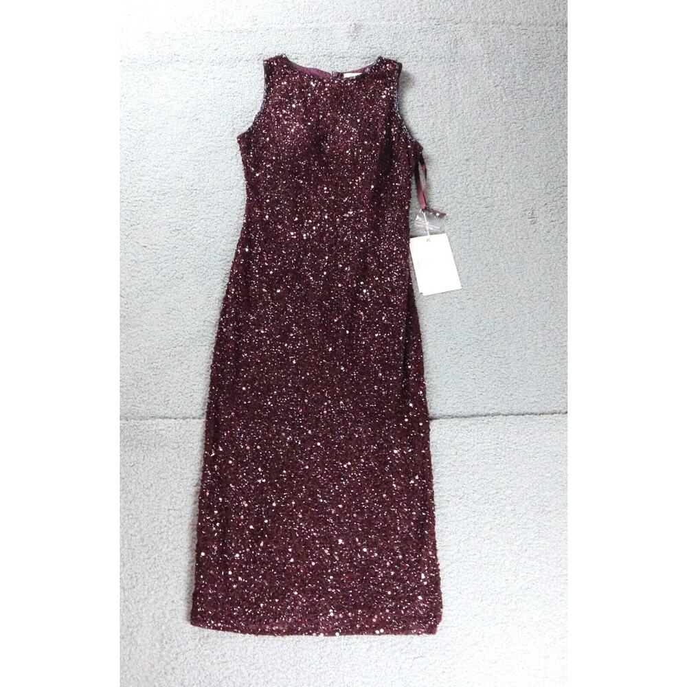 New Mac Duggal Dress 2 Red Burgundy Sleeveless Sequined Midi Sheath 5526